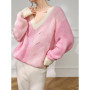 Women Pink V-Neck Knitted Pullover Sweater with Contrast Ribbed Cuffs Loose Fit Lightweight Top for Autumn Spring