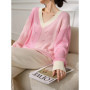 Women Pink V-Neck Knitted Pullover Sweater with Contrast Ribbed Cuffs Loose Fit Lightweight Top for Autumn Spring