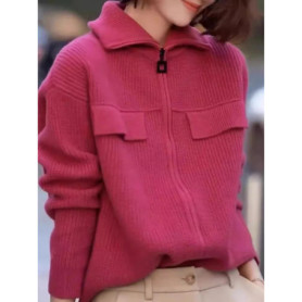 New 100 pure cashmere cardigan in autumn and winter women's POLO collar cashmere rose red coat knitted hooded sweater