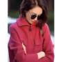 New 100 pure cashmere cardigan in autumn and winter women's POLO collar cashmere rose red coat knitted hooded sweater
