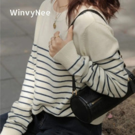 WinvyNee Women's Spring Wool Sweater O Neck Striped Knitted Pullover Elegant Basic Soft Comfortable Casual Daily Tops ZA1047007