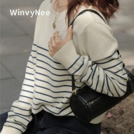 WinvyNee Women's Spring Wool Sweater O Neck Striped Knitted Pullover Elegant Basic Soft Comfortable Casual Daily Tops ZA1047007