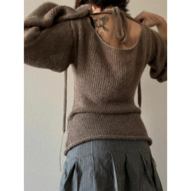 Fashion Women's T-shirt Tie Back Sweaters Long Sleeve Boat Neck Solid Color Knit Pullover Casual Tops Streetwear Y2k Summer Cami