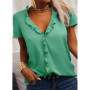 Solid Color Loose Short-Sleeved V-Neck Lotus Women Blouses Cotton Blouses 2022 Summer Shirt Tops Leisure Fashion Women Shirt