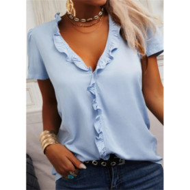 Solid Color Loose Short-Sleeved V-Neck Lotus Women Blouses Cotton Blouses 2022 Summer Shirt Tops Leisure Fashion Women Shirt