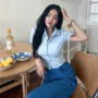 1pcs Woman Summer Slim Fit Blouses Shirts Lady Thin Sexy Short Shirt Female Casual Short Sleeve Turn-down Collar Waist up Tops