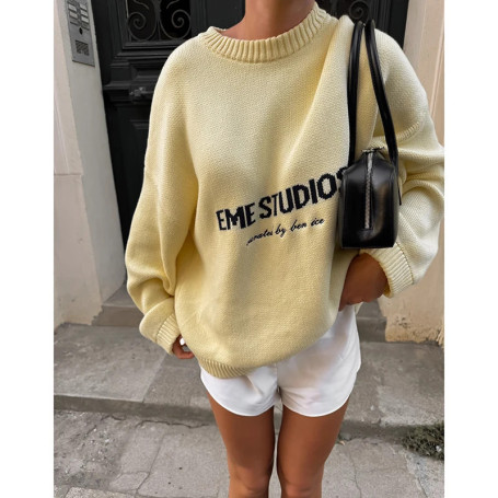 Butter Yellow Letter Knitted Sweater Women's Casual Round Neck Pleated Short Pullover 2025 Female Daily Street Sweaters Autumn