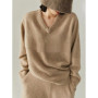 New simple pure cashmere sweater women's V-neck sweater loose thick long-sleeved cashmere knitting bottoming