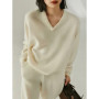 New simple pure cashmere sweater women's V-neck sweater loose thick long-sleeved cashmere knitting bottoming