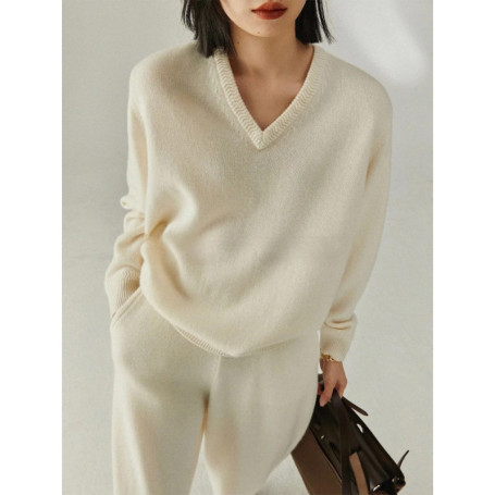 New simple pure cashmere sweater women's V-neck sweater loose thick long-sleeved cashmere knitting bottoming