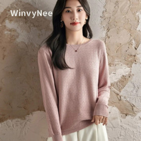 WinvyNee Women's Pure Cotton Solid Color Osmanthus Stitch Crew Neck Long Sleeve Pullover Comfy Skin-Friendly Daily Wear A1092018
