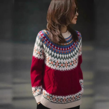 Jacquard round-neck 100 wool knitted sweater women's pullover base layer sweater loose long-sleeved sweater