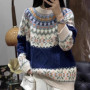 Jacquard round-neck 100 wool knitted sweater women's pullover base layer sweater loose long-sleeved sweater