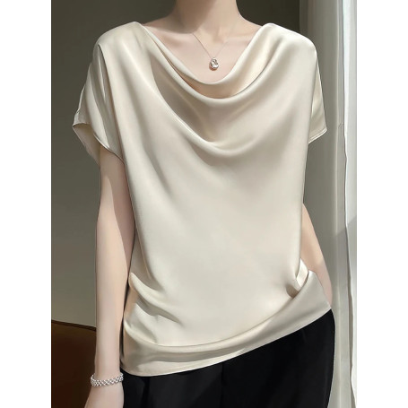 Luxury Elegant Summer Satin Silk Blouse Women Short Sleeve Casual Oversize T Shirt Korean Chic Ladies Office Cowl Neck top Tops