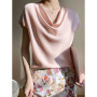 Luxury Elegant Summer Satin Silk Blouse Women Short Sleeve Casual Oversize T Shirt Korean Chic Ladies Office Cowl Neck top Tops