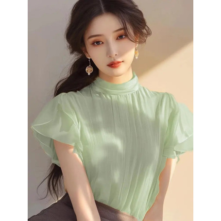 Short-sleeved Top for Women in Summer Fashionable Shirt French Style Unique and Beautiful Age-reducing Mint Green Chiffon Shirt
