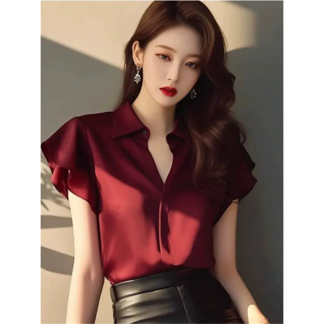 Mature High-end Burgundy Short-sleeved Shirt for Women's Tops Elegant Temperament High-end Shirt
