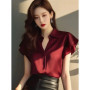 Mature High-end Burgundy Short-sleeved Shirt for Women's Tops Elegant Temperament High-end Shirt