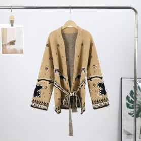 Patchwork Knitted Jacquard Tassels Cardigans Women Sweaters Long Sleeve V-neck Thicken 2026 Spring Sweater Autumn Coats Tops