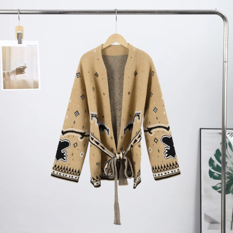 Patchwork Knitted Jacquard Tassels Cardigans Women Sweaters Long Sleeve V-neck Thicken 2026 Spring Sweater Autumn Coats Tops