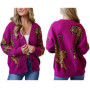Combhasaki Women Y2K Vintage Button up V-Neck Sweaters Aesthetic Tiger Print Loose Fit Long Sleeve Knitwear Cardigan Coat Tops