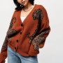 Combhasaki Women Y2K Vintage Button up V-Neck Sweaters Aesthetic Tiger Print Loose Fit Long Sleeve Knitwear Cardigan Coat Tops