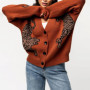 Combhasaki Women Y2K Vintage Button up V-Neck Sweaters Aesthetic Tiger Print Loose Fit Long Sleeve Knitwear Cardigan Coat Tops