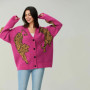 Combhasaki Women Y2K Vintage Button up V-Neck Sweaters Aesthetic Tiger Print Loose Fit Long Sleeve Knitwear Cardigan Coat Tops