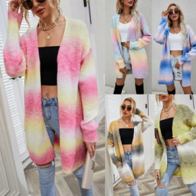 FZCSPEED Loose Gradient Knit Sweater Pocket Cardigan Long Cardigan Jacket Spring Autumn and Winter Knitted Sweater Cardigan