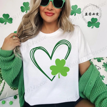 St Patrick's Day Tshirt Shirt for Women Lucky Heart Design Woman T-Shirts Short Sleeve St Patricks Fashion Female Tee Clothing
