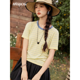 MISHOW Striped Knitted T-shirt for Women Summer 2025 Color Contrasting Round Neck Tees Wool Blended Slim Casual Top MXE35Z1270