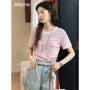 MISHOW Striped Knitted T-shirt for Women Summer 2025 Color Contrasting Round Neck Tees Wool Blended Slim Casual Top MXE35Z1270