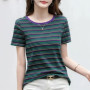 0255 Colorful Striped T Shirt Women Slim Cotton Round Neck T Shirt For Girl Short Sleeve Korean Clothes Womens Tee Shirts S-3XL