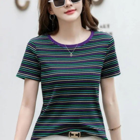 0255 Colorful Striped T Shirt Women Slim Cotton Round Neck T Shirt For Girl Short Sleeve Korean Clothes Womens Tee Shirts S-3XL