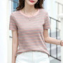 0255 Colorful Striped T Shirt Women Slim Cotton Round Neck T Shirt For Girl Short Sleeve Korean Clothes Womens Tee Shirts S-3XL