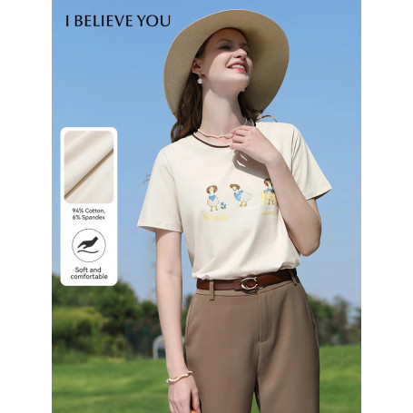 I BELIEVE YOU Apricot Printed Short Sleeve T-shirt for Women Summer 2025 Contrasting Round Neck Tees Cool Cotton Tops 2251016022
