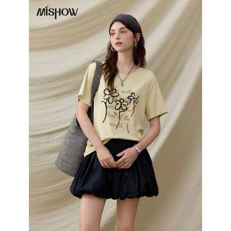 MISHOW Casual Print T-shirts Women Summer 2025 Short Sleeve Round Neck Embroidered Flower Shirt Female Loose Slimming MXE33T0498