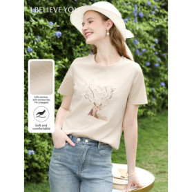 I BELIEVE YOU T-shirt for Women Deer Embroidery Bead Short Sleeve Tee 2025 Summer Simple Slim Top Women's Clothing 2252016043