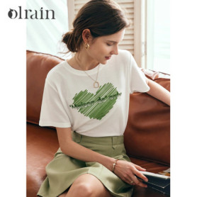 OLrain Woman T-shirts Gradient Letter Embroidery 2026 Summer Office Lady Round Neck Tee Short Sleeve 3d Printing Tops O23XT80669