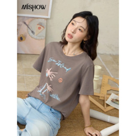 MISHOW Casual Print Shirts Women Summer New 2025 Short Sleeve Round Neck Loose Pure Cotton T-shirt Female Fashion MXE31T0533