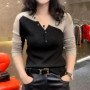 Spring Autumn New Fashion V-neck Long Sleeve Women's Clothing Pullovers Patchwork Color Blocking Knitting Button Bottoming Shirt