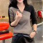 Spring Autumn New Fashion V-neck Long Sleeve Women's Clothing Pullovers Patchwork Color Blocking Knitting Button Bottoming Shirt