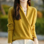 100 Merino Wool Knitwear Women's V-Neck Pullover Sweater Autumn Winter Female Grace Soft Clothes Long Sleeve Warm Fashion Tops