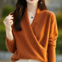 100 Merino Wool Knitwear Women's V-Neck Pullover Sweater Autumn Winter Female Grace Soft Clothes Long Sleeve Warm Fashion Tops