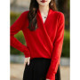 100 Merino Wool Knitwear Women's V-Neck Pullover Sweater Autumn Winter Female Grace Soft Clothes Long Sleeve Warm Fashion Tops