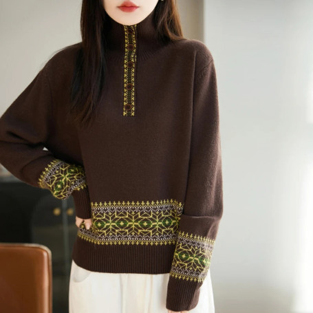 Fashionable ethnic style retro jacquard sweater for women loose, lazy-feeling long-sleeved autumn and winter innerwear knitted.