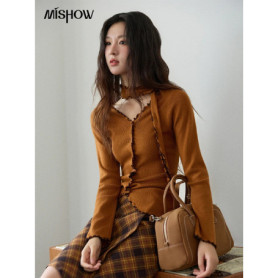 MISHOW New Ruffled Edge Knitted Pullovers for Woman 2025 Retro Slim V-neck Ribbon Knit Top Cmfortable Winter Clothes MXE86Z2728