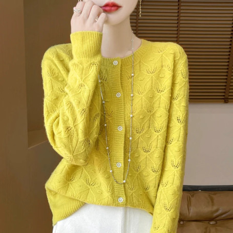 New Autumn Winter Soft Warm Cardigan Woman Cashmere Sweater O-neck Women 100 Merino Wool Sweater Loose Fit Hollow out Top Coat
