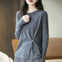 WinvyNee Women's Crew Neck Worsted Wool Lightweight Waist Buckle Spring Autumn Everyday Skin-Friendly Trendy Pullover A1757026