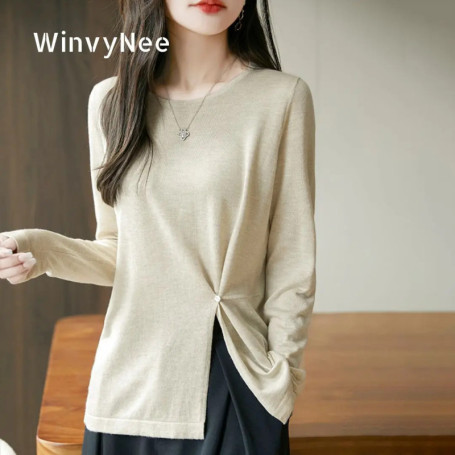 WinvyNee Women's Crew Neck Worsted Wool Lightweight Waist Buckle Spring Autumn Everyday Skin-Friendly Trendy Pullover A1757026